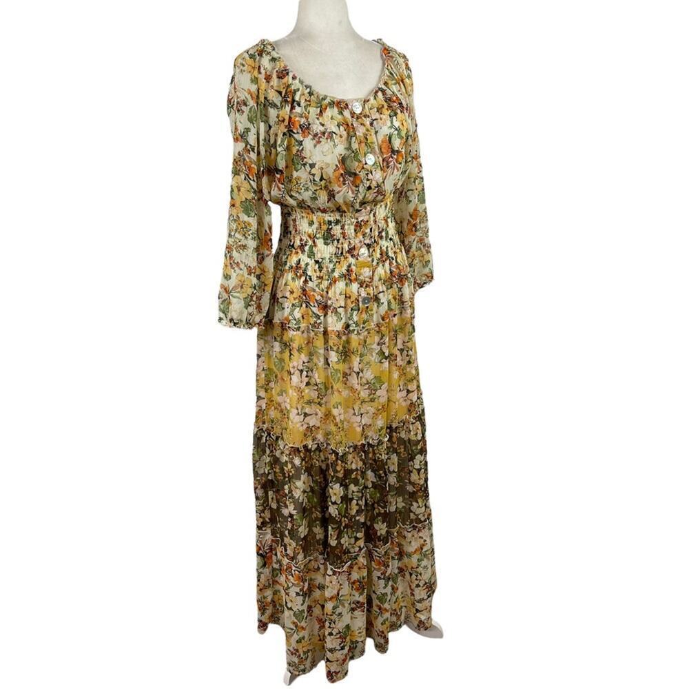 Fig and Flower Floral Pattern CottageCore Prairie Maxi Dress Banded Waist Large - Picture 4 of 13